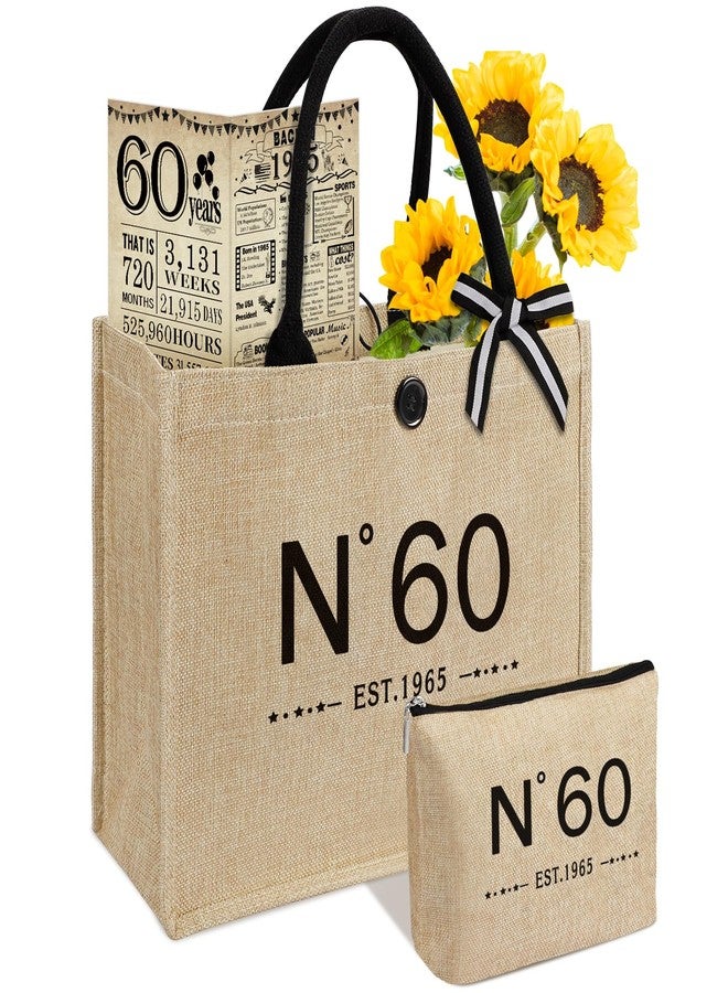 YeohJoy 60th Birthday Gifts for Women Jute Tote Bag, Vintage N°60 Burlap Handbag with Cosmetic Bag and Back in 1965 Poster, Unique 60 Years Old Gifts for Mom Friends Wife Sister Her - Image 1